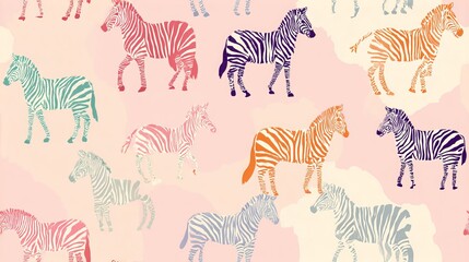 Obraz premium Flat zebra seamless repeat pattern, cute nursery decorative design with soft pastel colors on white background for textile and surface print