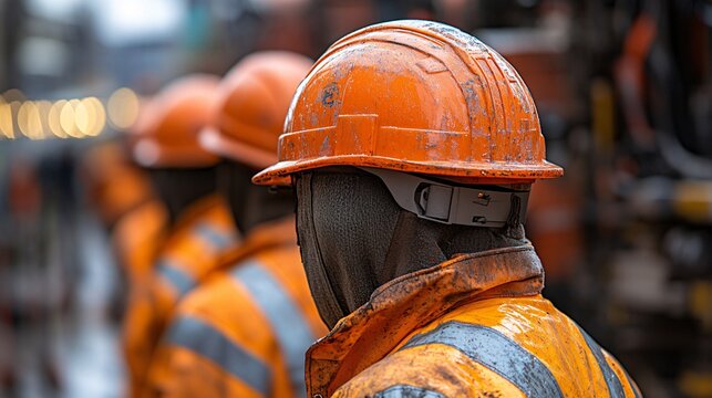 Workers in orange hard hats and high visibility jackets stand in an industrial setting with machinery blurred in the background emphasizing safety gear usage during active construction or maintenance
