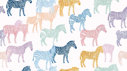 Obraz premium Flat zebra seamless repeat pattern, cute nursery decorative design with soft pastel colors on white background for textile and surface print