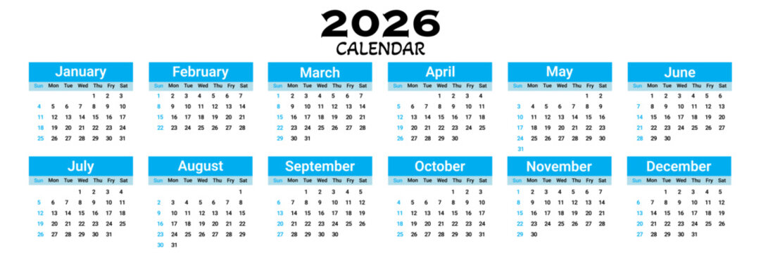 calendar for 2026.  a full-year calendar template for printable planner and desk scheduler. 2026 vector calendar template.