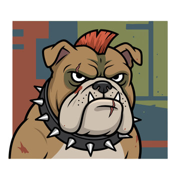 Illustration of a tough bulldog with a mohawk and spiked collar.