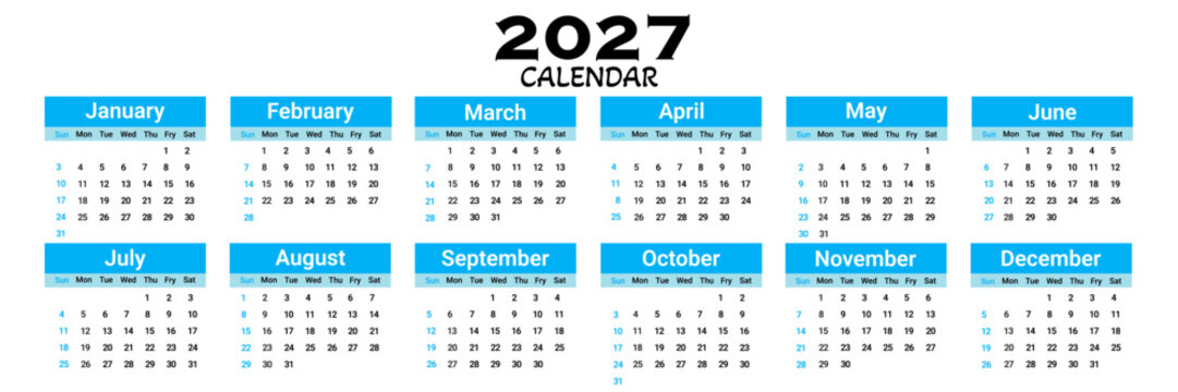 calendar for 2027.  a full-year calendar template for printable planner and desk scheduler. 2027 vector calendar template.