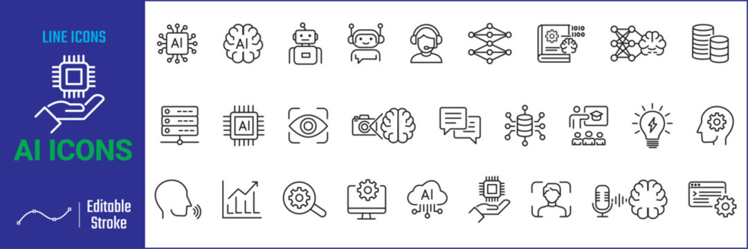 artificial intelligence line icon set. editable stroke for artificial intelligence line icon  containing brain, technology, robotic, automation, machine.