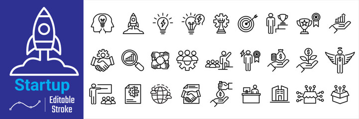 Startup line icon set. editable stroke for startup line icon  containing rocket, idea, strategy, goal, target etc. © Bee