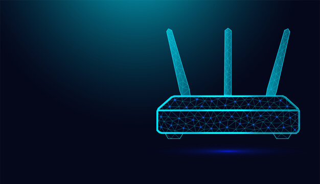 Low poly wireframe Wi-Fi router on dark blue background.
