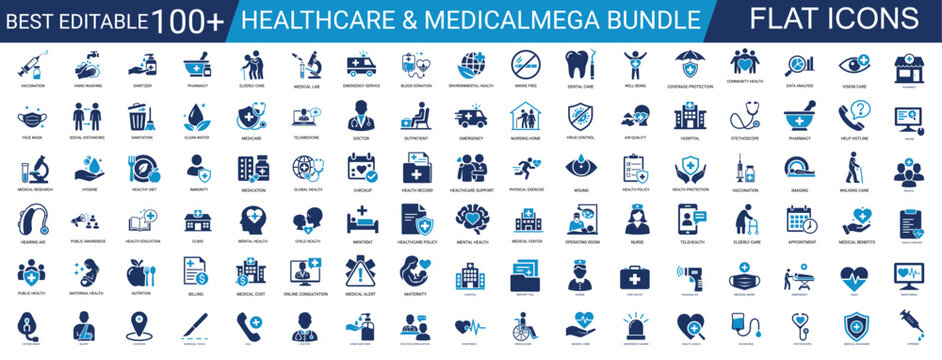medical and healthcare solid icon set. hospital, doctor, pharmacy, treatment, emergency, checkup, clinic, wellness, patient, medicine, care. editable vector illustration mega pack.