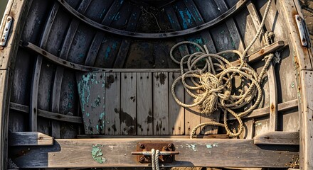 Naklejka premium Top view of an old weathered wooden rowboat with a coiled rope on the floorboards