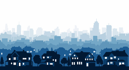 Fototapeta premium City skyline with suburban houses in blue silhouette