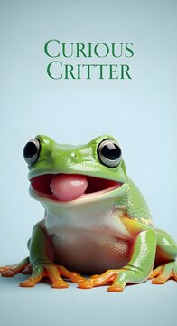 A Whimsical Green Frog with Its Tongue Out, Captured in a Playful Pose Against a Soft Blue Background