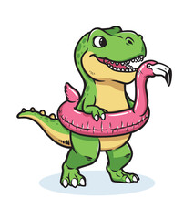 Fototapeta premium Dino wearing a floating flamingo