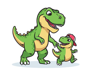 Fototapeta premium Dino and his son are walking hand in hand
