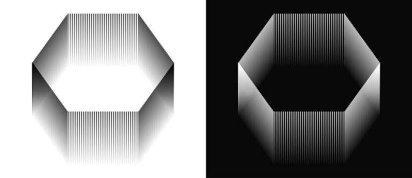 Hexagonal frame built from vertical halftone gradient lines creating volumetric 3D depth illusion on white and black backgrounds. Monochrome vector illustration for optical art and technology design.