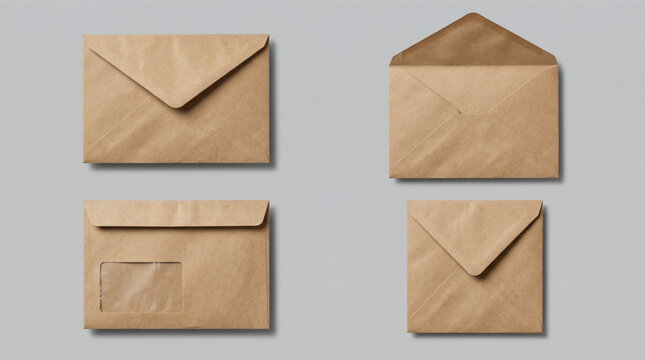 Kraft paper envelope mockup set, brown recycled paper stationery collection, window envelope, square and rectangular mail templates, letter cover layout, eco friendly packaging isolated on grey