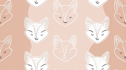 Fototapeta premium Minimal line art fox faces seamless pattern, cute nursery style decorative repeat design with soft pastel colors on white background for textile and surface print