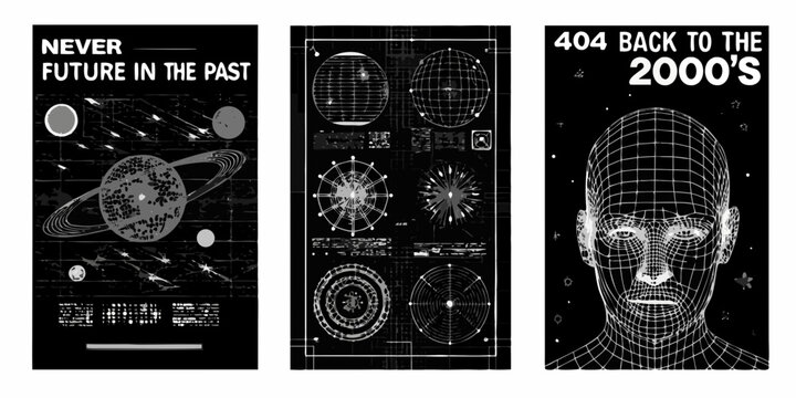 Futuristic digital art triptych with space wireframes and text overlays