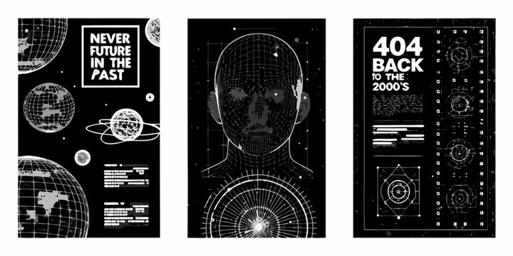 Futuristic digital art triptych featuring planets code and a robotic face