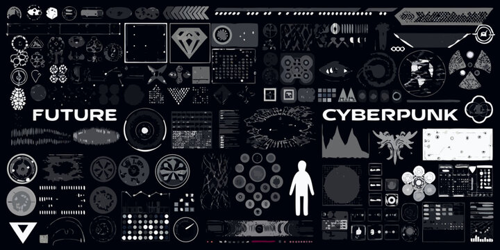 A complex arrangement of futuristic and cyberpunk themed graphical elements