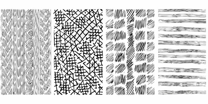 Four vertical panels displaying abstract black and white line patterns