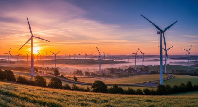 A serene landscape of wind turbines standing tall in a lush green field at sunset