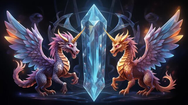 Mythological creatures (dragons, phoenixes, unicorns) with futuristic or transparent crystals