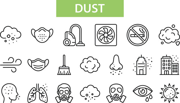 Dust and air pollution line icon set featuring cleaning tools, allergens, respiratory protection and environmental contamination symbols