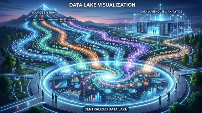 Futuristic city landscape illustrating the intricate journey of diverse data streams converging into a centralized data lake, empowering advanced analytics and business insights