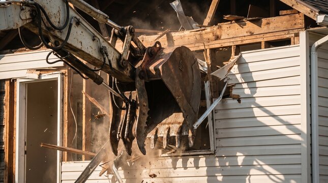 Close up of a hydraulic excavator bucket tearing down a white residential house wall during demolition