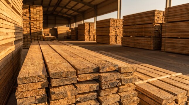 Large industrial warehouse interior with massive stacks of wooden planks and timber boards for construction