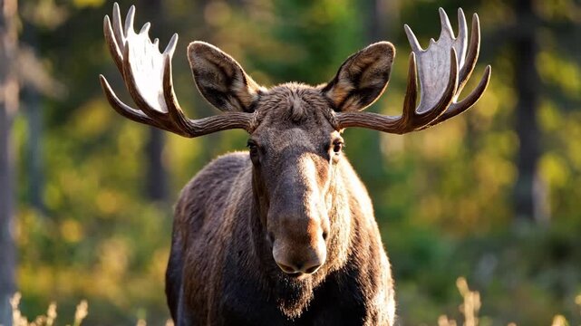 Large bull moose with expansive palmate antlers stands in a pine forest, looking directly at the camera with warm golden hour sunlight illuminating its brown fur and facial features.