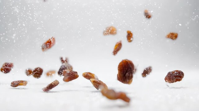 raisins grape falling from above with rains  of coconut powder