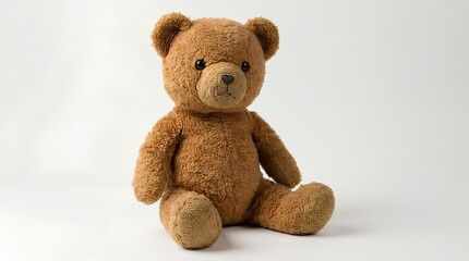 Obraz premium Brown teddy bear plush toy, sitting pose, soft lighting, isolated on plain white background