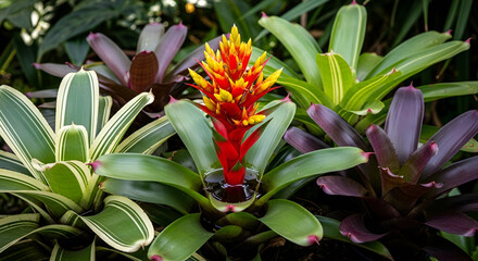 Obraz premium Vibrant Bromeliad Flower Surrounded by Green and Purple Foliage in a Lush Botanical Garden Setting