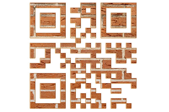 C&oacute;digo QR conceptual con textura de pared de ladrillo rojo y efecto de relieve sobre fondo transparente.