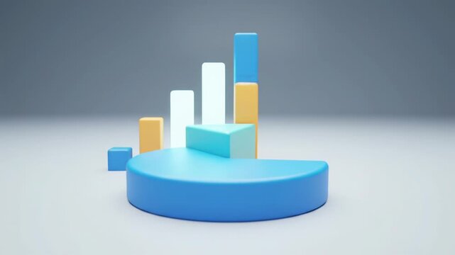 Vibrant, translucent 3D geometric shapes (cubes, spheres, pyramids) float and coalesce into glowing bar and pie charts in a light grey void with push-in dolly video movement, soft global