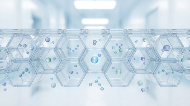 3D Hexagon Cells Digital Network Technology Background with Glowing Dots Generative AI