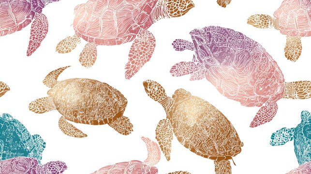 Minimal turtle line seamless repeat pattern, cute nursery decorative design with soft pastel colors on white background for textile and surface print