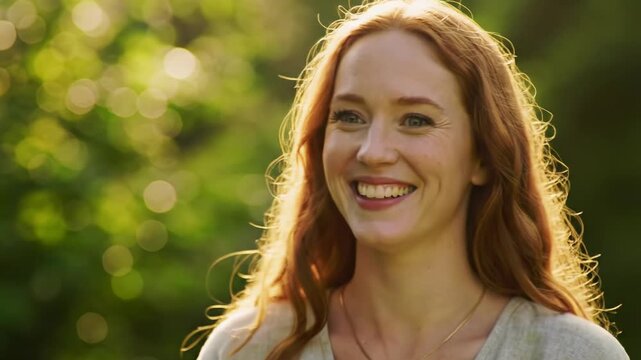 Beautiful young caucasian woman with wavy red hair in linen top, breathing calmly in a sun-dappled garden with bokeh, slowly smiles with genuine joy under golden hour light, peaceful well-being video