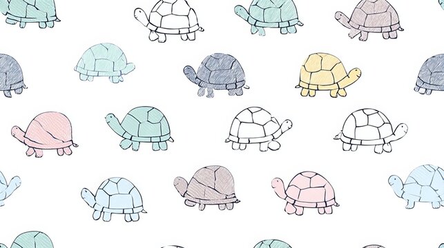 Minimal turtle line seamless repeat pattern, cute nursery decorative design with soft pastel colors on white background for textile and surface print