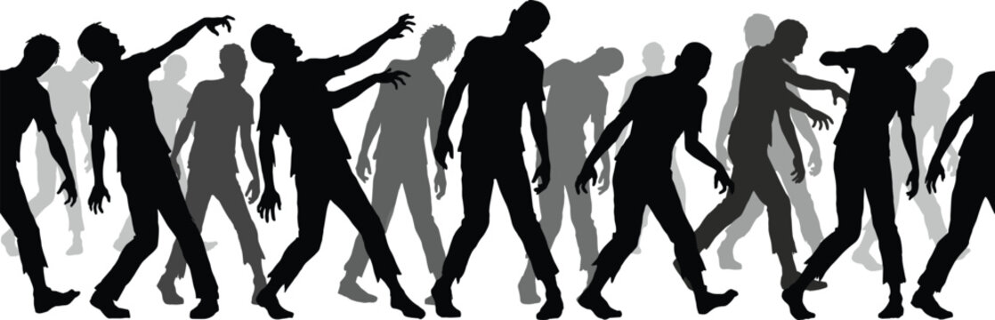 Zombie walking crowd silhouette, undead horror people collection, scary apocalypse vector design pack bundle icons set