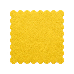 Fototapeta premium Yellow textured scalloped square top view isolated. Craft label mockup.