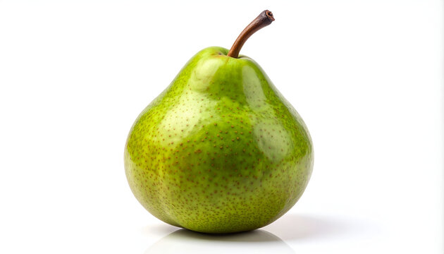A vibrant green pear sits prominently against a clean white background, showcasing its smooth skin and distinctive shape.