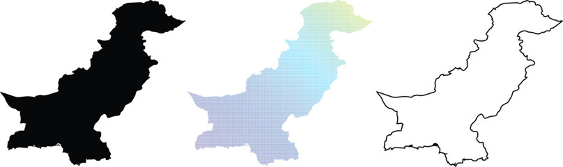 Obraz premium Collection of Pakistan Map Graphics featuring Black Silhouette Outline and Vibrant Gradient Dotted Pixel Art Style Isolated on White