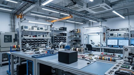 Fototapeta premium Modern electronics laboratory with test equipment, workstations, and components