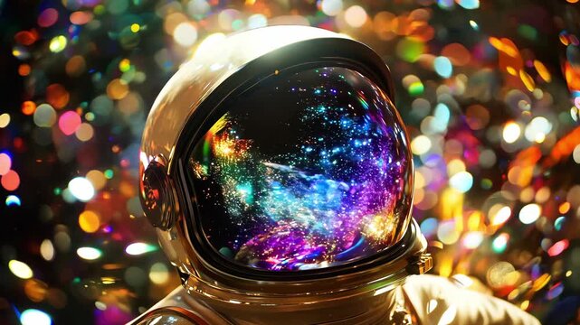 An astronaut helmet reflects a colorful galaxy with bright lights and cosmic elements captured in space