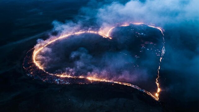 Aerial view of a heart-shaped wildfire burning at night with smoke plumes