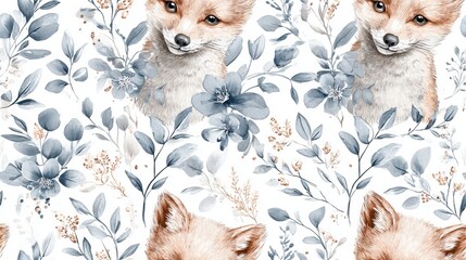 Fototapeta premium Watercolor boho fox seamless pattern with leaves, cute woodland nursery style decorative repeat design on soft pastel background for textile and surface print