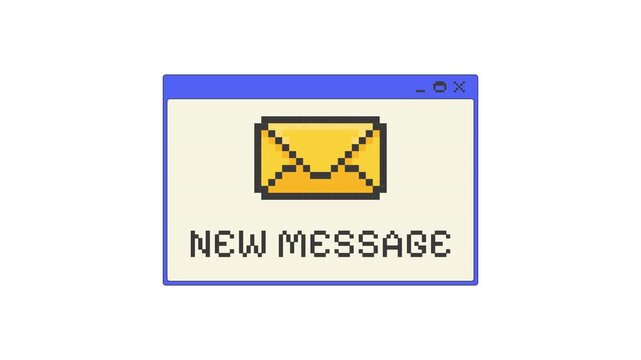 New message notification pixel art pop-up window UI overlay animation. Incoming email. Messaging alert. E-mail communication update. Blocky interface element motion. Retro 8bit UX design 4K video