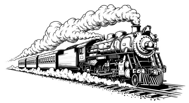 Train steam locomotive hauling freight cars in a vintage line art style for transportation and railway history themes