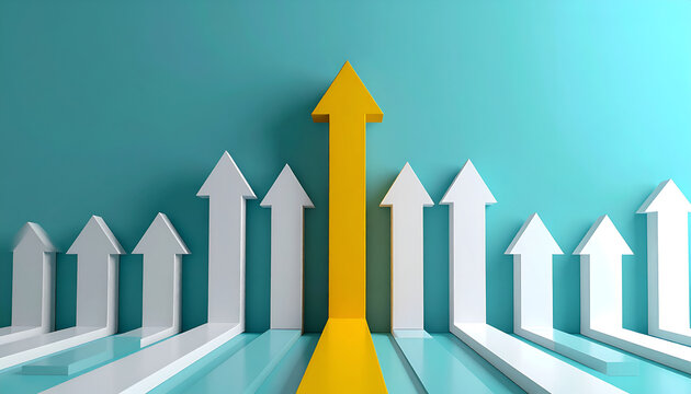 A striking visual representation of upward progress and leadership, featuring a prominent yellow arrow leading a line of white arrows against a teal background.