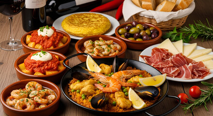 Obraz premium A delightful spread of authentic Spanish cuisine, featuring paella, tapas, and cured meats, perfect for sharing